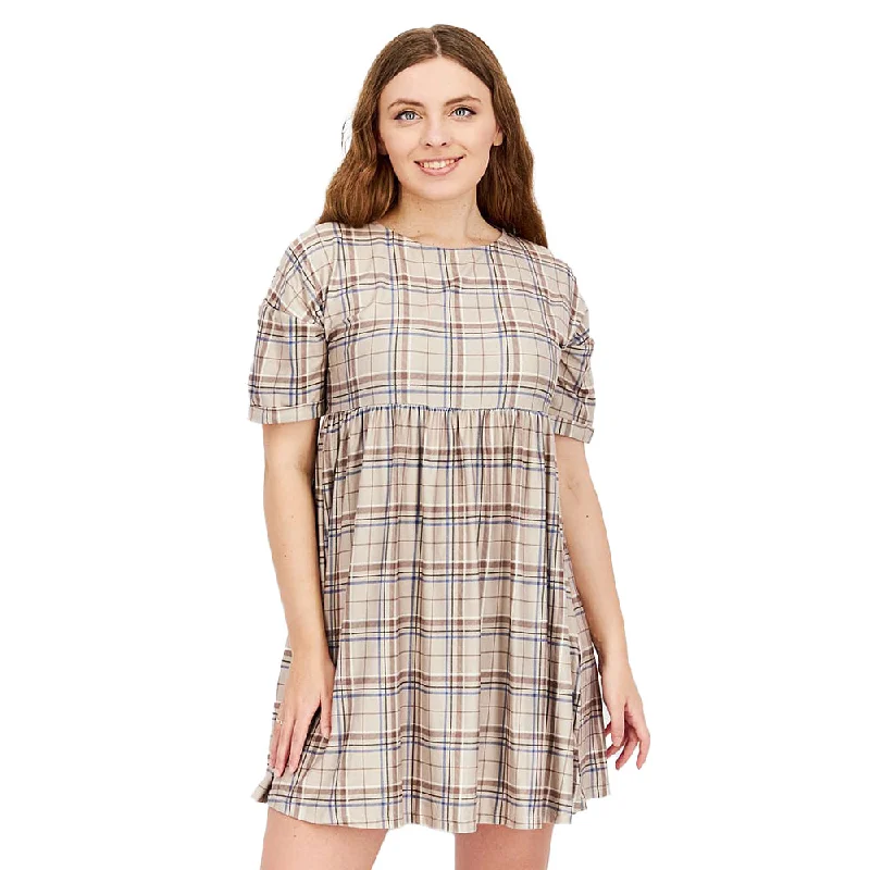 Women's Plaid Smock Mini Dress,Beige Trendy Tie-Dye Mini Dress