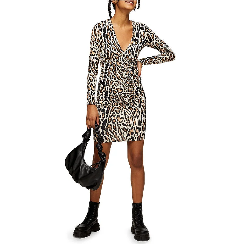 Women's Leopard Ruched Mini Dress,Multi Modern Satin Mini Dress