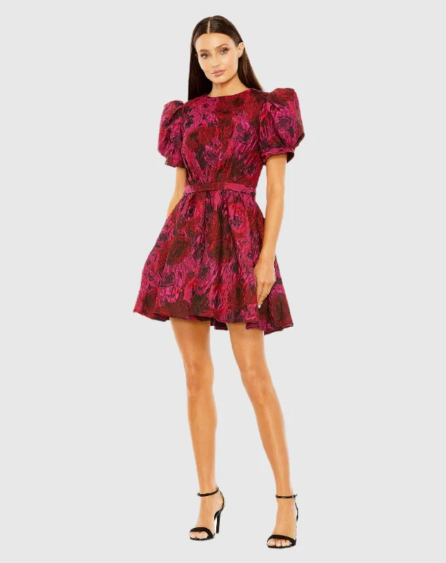 Puff Sleeve Brocade Mini Dress Comfortable Linen Mini Dress