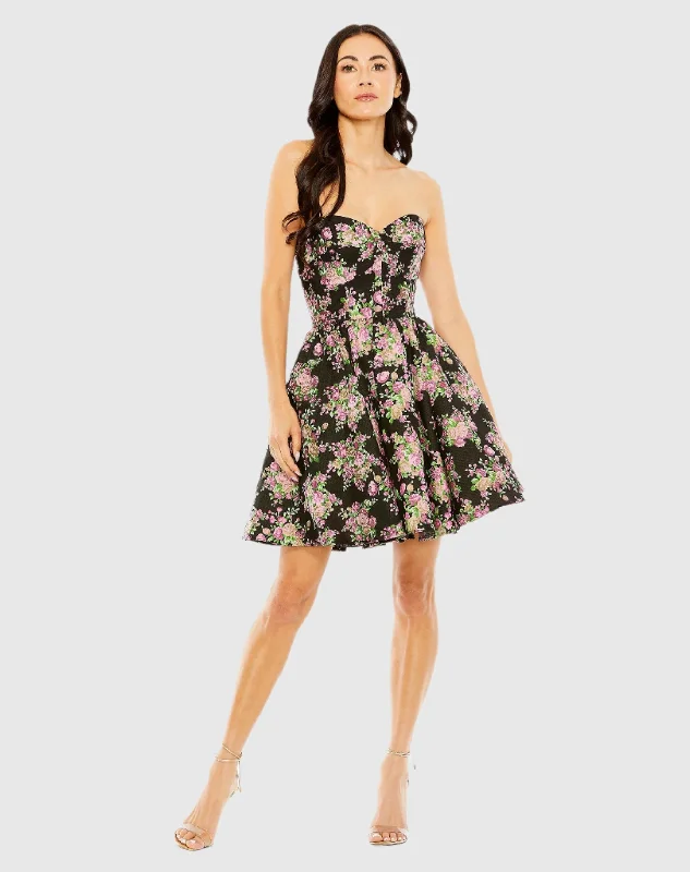 Strapless Brocade Mini Dress Comfortable Boho Mini Dress