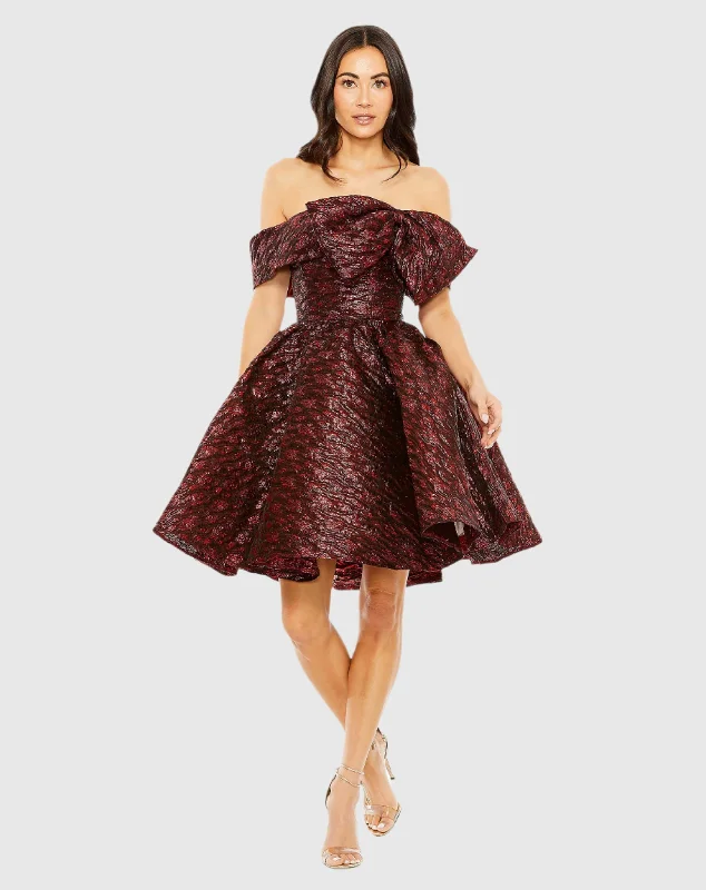 Brocade Off The Shoulder Mini Dress Fashionable A-Line Mini Dress