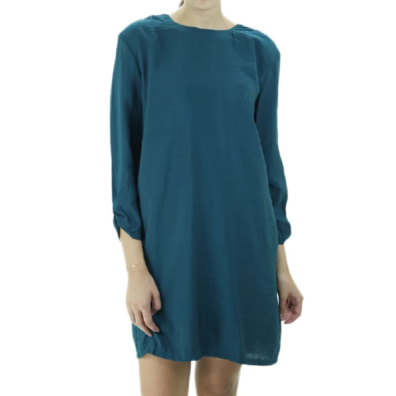 Women's 3/4 Sleeve Plain Mini Dress,Dark Green Elegant Mini Dress with Pleats