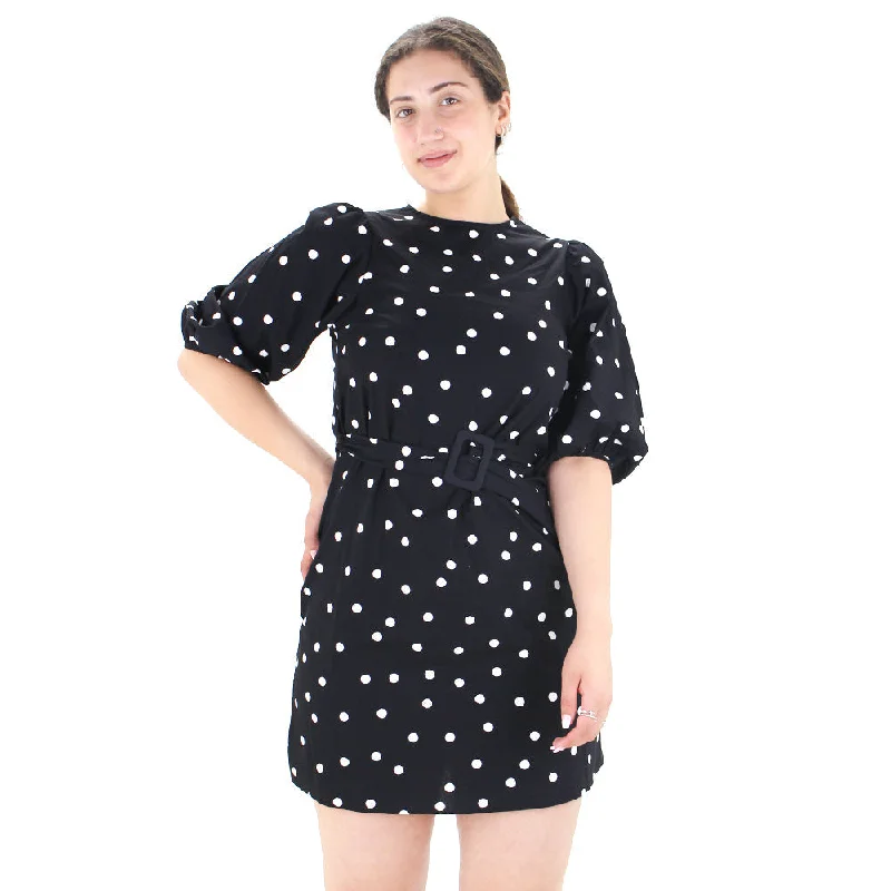 Women's Belted Polka Dots Mini Dress,Black Trendy Crossover Mini Dress