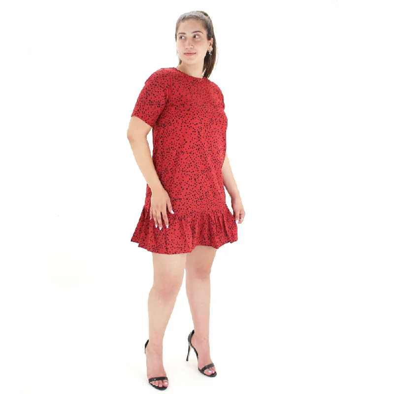 Women's Ruffle Printed Mini Dress,Burgundy Comfortable Polka Dot Mini Dress