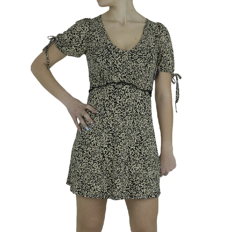 Women's Floral Tie Sleeve Mini Dress,Beige/Black Stylish Short-Sleeve Mini Dress