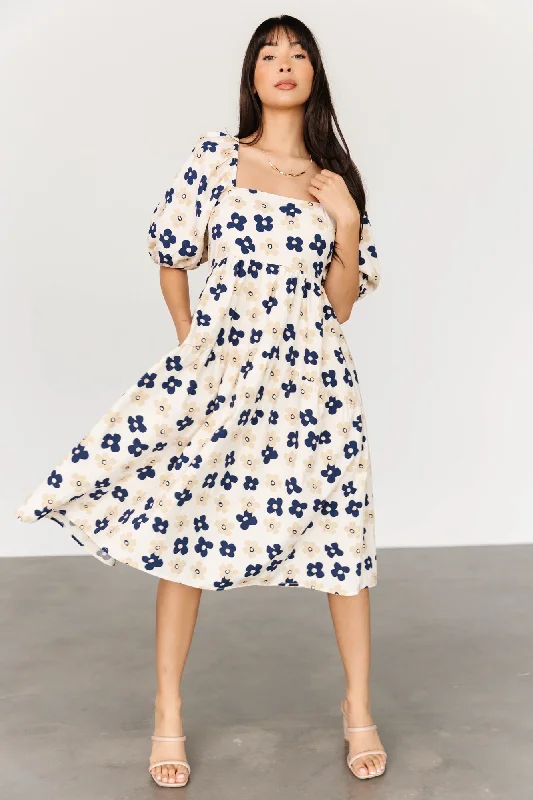 Aimee Puff Sleeve Midi Dress | Natural + Navy Chic Off-Shoulder Midi Dress