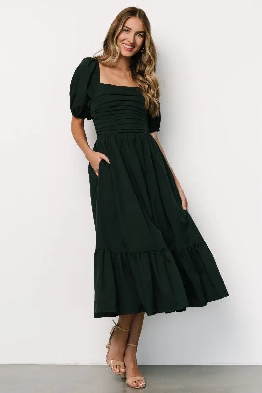 Andrea Pleated Midi Dress | Forest Green Trendy Ruffle Hem Midi Dress