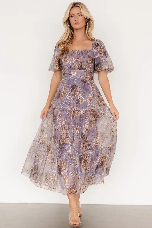 Annabeth Midi Dress | Lavender Floral Trendy Smocked Detail Midi Dress