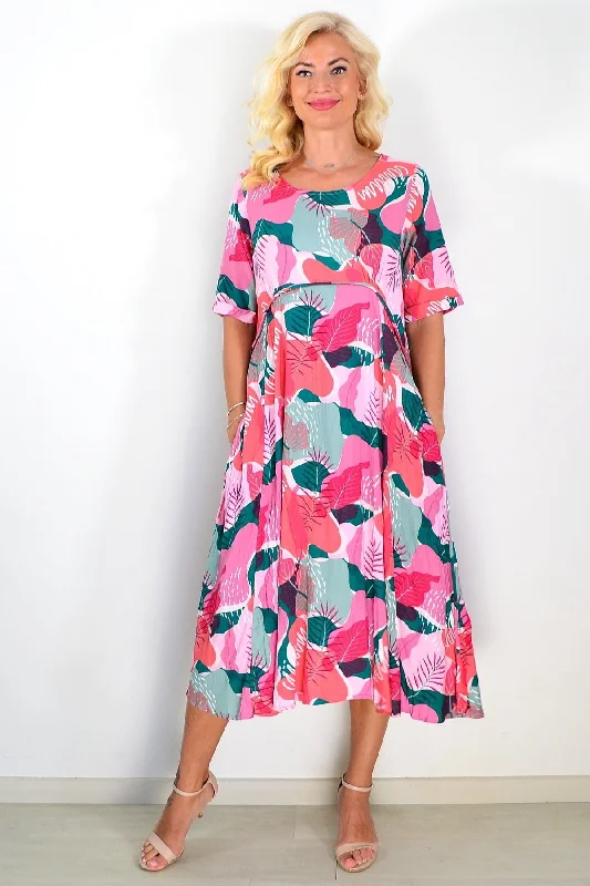 Aqua Pink Botanical Tunic Midi Dress Comfortable Short Sleeve Midi Dress