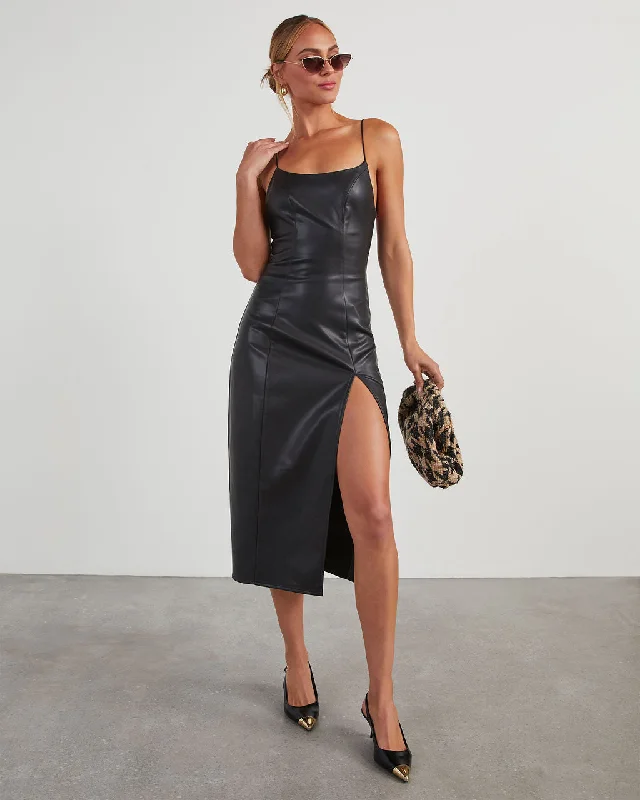 Aziza Faux Leather Sleeveless Midi Dress Trendy Ruffle Hem Midi Dress