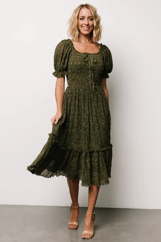 Beatrice Smocked Midi Dress | Olive Floral Comfortable Fit-and-Flare Midi Dress