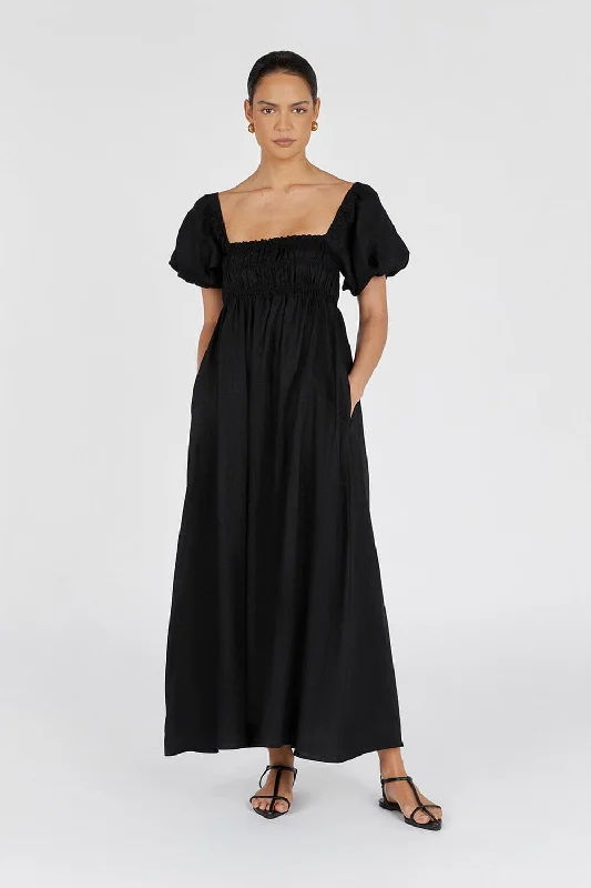 BIANCA BLACK LINEN MIDI DRESS Trendy Mock Neck Midi Dress