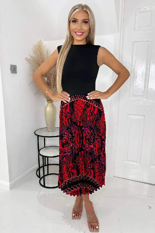 Black And Red Printed 2 in 1 Pleated Skirt Midi Dress Stylish Button-Down Midi Dress