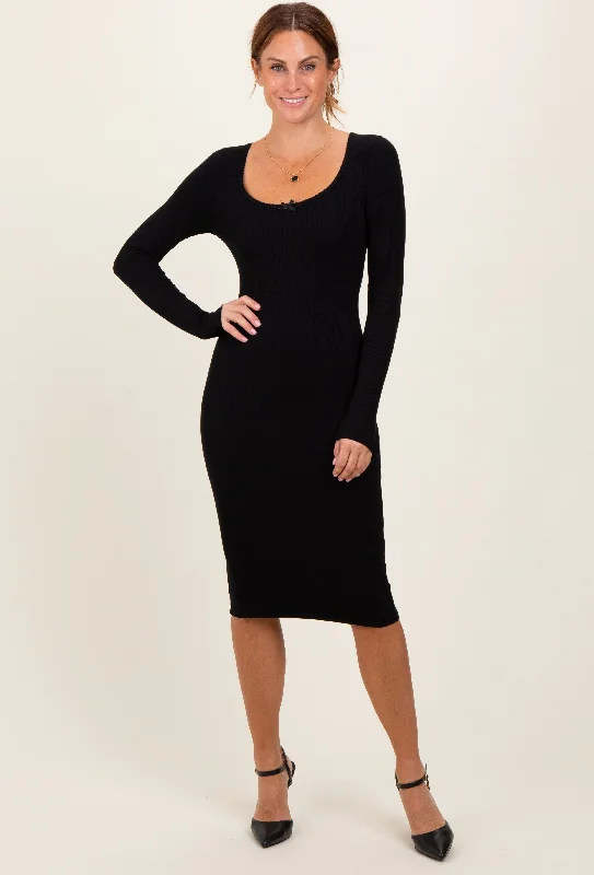 Black Bow Trim Neckline Long Sleeve Midi Dress Cozy Midi Dress with Pockets