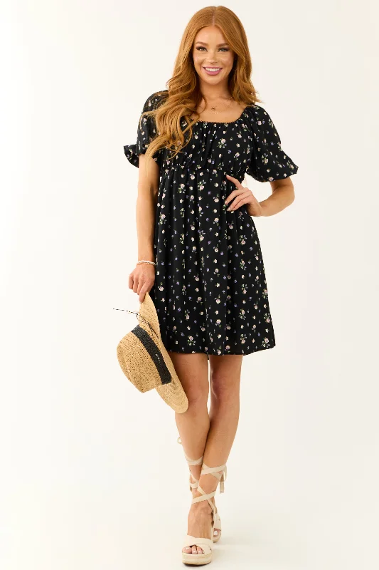 Black Floral Print Back Cut Out Mini Dress Casual Button-Up Mini Dress