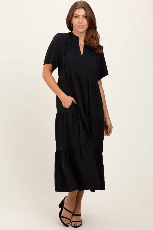 Black V-Neck Tiered Midi Dress Trendy Midi Dress with Belt