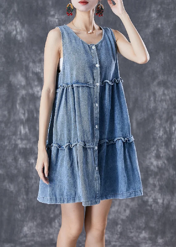 Bohemian Light Blue Ruffled Patchwork Denim Mini Dresses Sleeveless Comfortable Bodycon Mini Dress