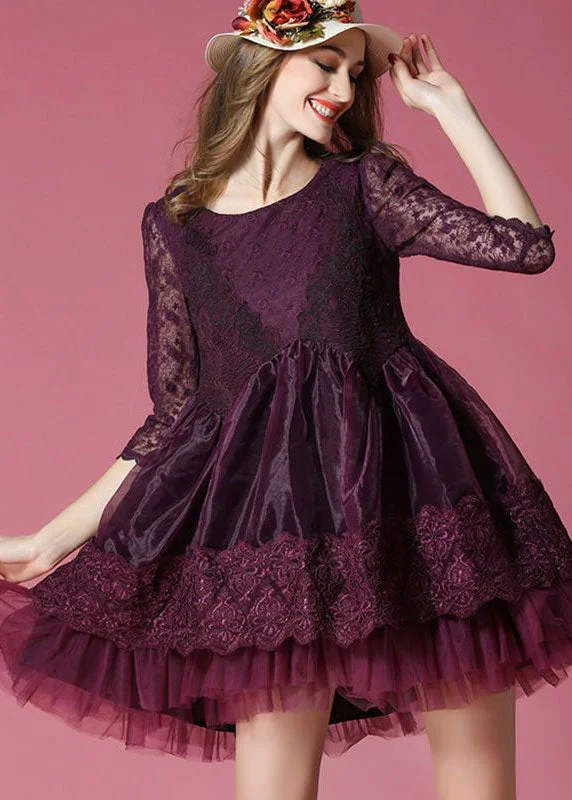 Boho Dark Purple Embroideried Lace Patchwork Organza Mini Dresses Summer Trendy Bodycon Mini Dress