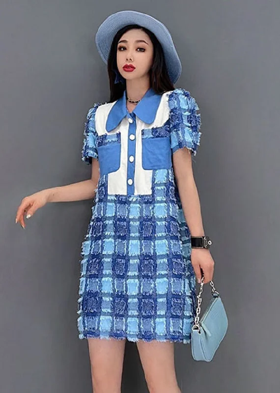 Boutique Blue Peter Pan Collar Button Plaid Cotton Mini Dresses Short Sleeve Fashionable Party Mini Dress