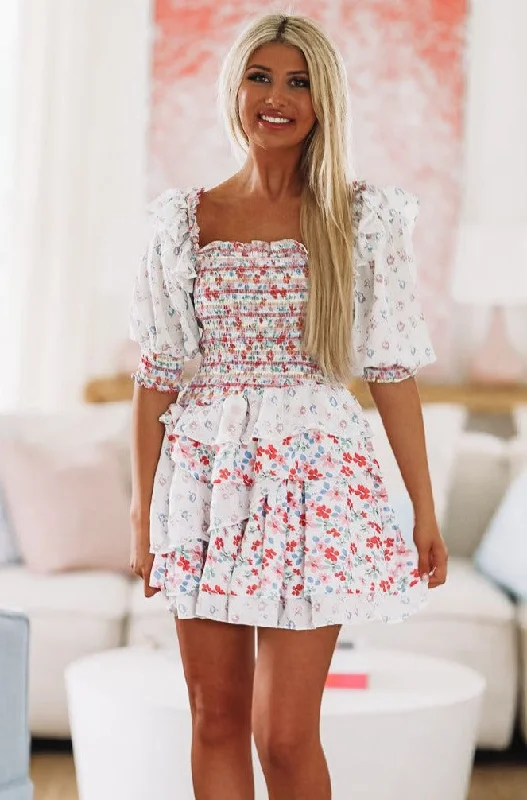 Bright Sunshine Day Mini Dress - White Floral Stylish Sweetheart Mini Dress