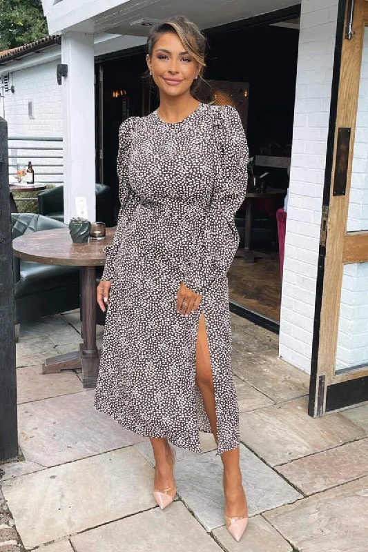 Brown Printed Long Sleeve Split Leg Midi Dress Fashionable High-Neck Midi Dress