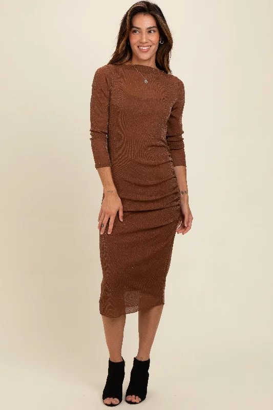 Brown Shimmer Mesh Long Sleeve Ruched Midi Dress Elegant Floral Midi Dress