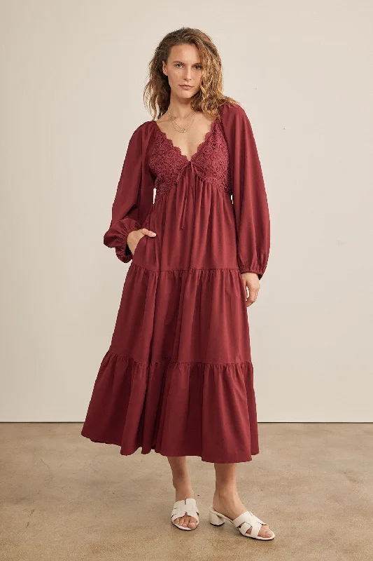 Burgundy Contrast Lace Bodice Tiered Midi Dress Fashionable Plaid Midi Dress