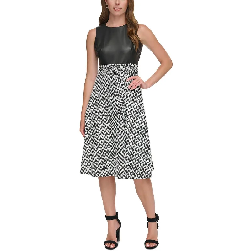 Calvin Klein Womens Petites Faux Leather Houndstooth Midi Dress Stylish Satin Midi Dress