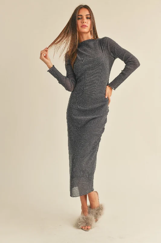 Charcoal Shimmer Mesh Long Sleeve Ruched  Midi Dress Elegant Satin Button Midi Dress