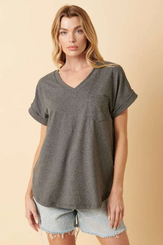 Charcoal V-Neck Pocket Short Sleeve Shirt Trendy Button-Front Short Sleeve