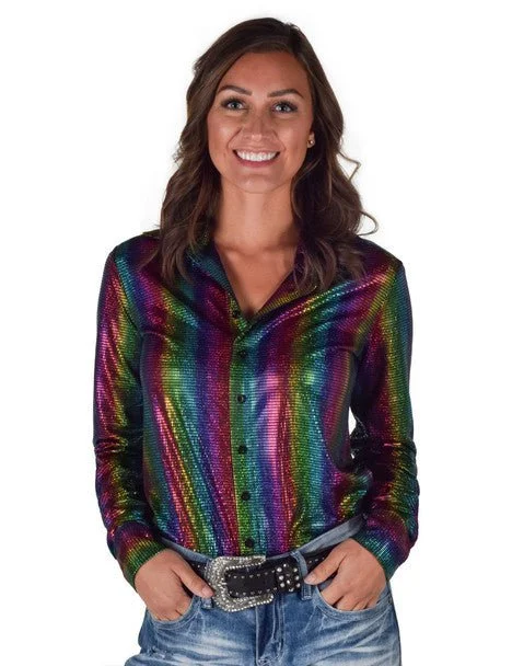 Cowgirl Tuff Womens Foil Lightweight Multi-Color Polyester L/S Shirt Comfortable Ribbed Short Sleeve