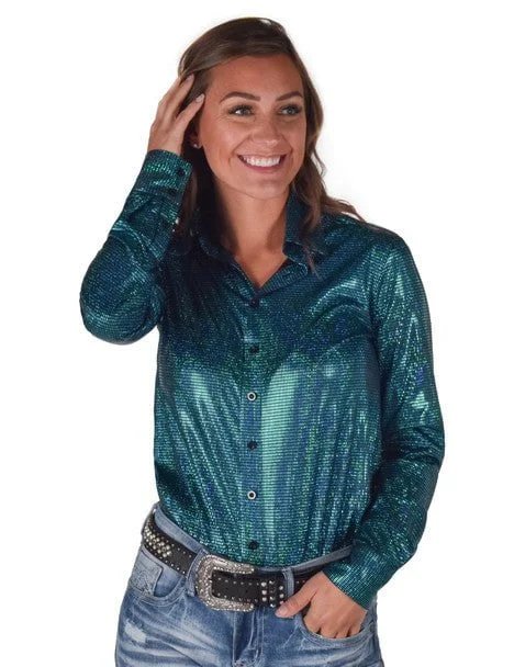 Cowgirl Tuff Womens Foil Lightweight Turquoise Polyester L/S Shirt Comfortable Ribbed Short Sleeve