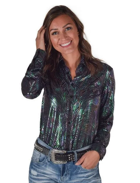 Cowgirl Tuff Womens Foil Lightweight Zebra Polyester L/S Shirt Chic Silk Short Sleeve Shirt