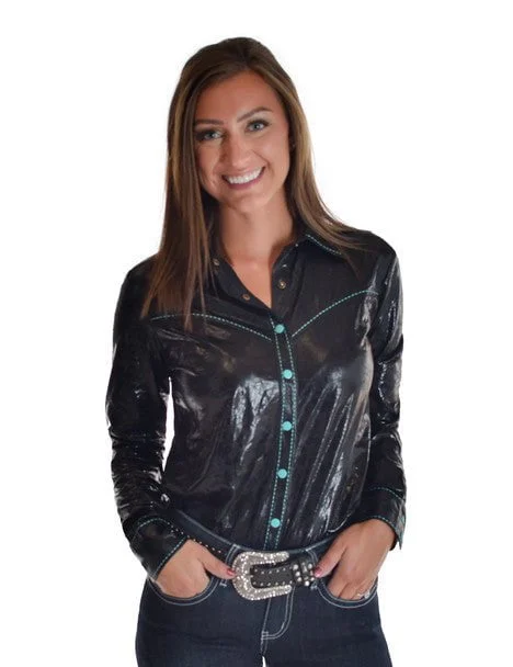 Cowgirl Tuff Womens Midweight Shiny Black Polyester L/S Shirt Trendy Print Short Sleeve