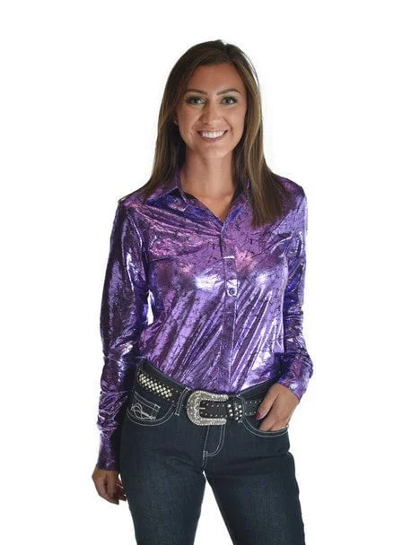 Cowgirl Tuff Womens Midweight Shiny Purple Polyester L/S Shirt Classic Solid Short Shirt