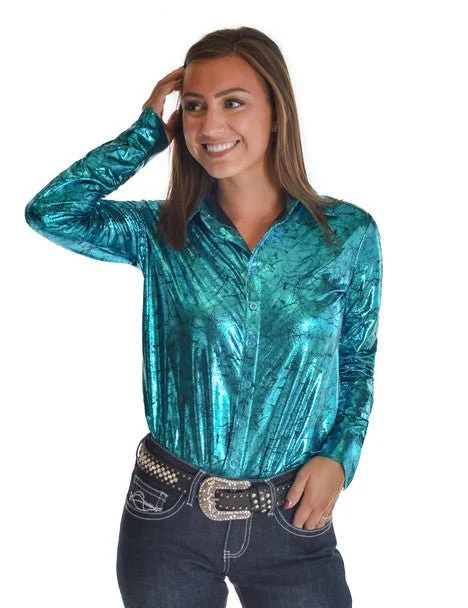 Cowgirl Tuff Womens Midweight Shiny Turquoise Polyester L/S Shirt Casual Slouchy Short Sleeve