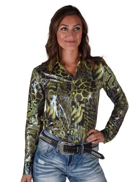 Cowgirl Tuff Womens Shiny Animal Green Polyester L/S Shirt Modern Short Sleeve Top