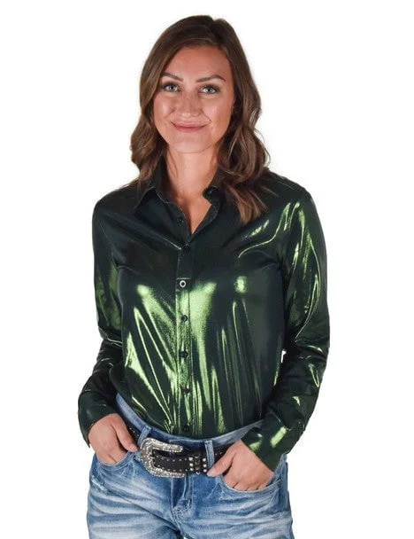 Cowgirl Tuff Womens Shiny Metallic Dark Green Polyester L/S Shirt Elegant Lace Short Sleeve