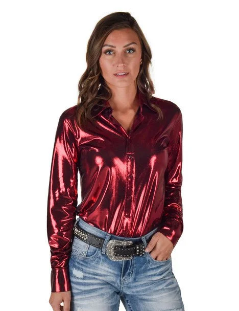 Cowgirl Tuff Womens Shiny Metallic Red Polyester L/S Shirt Fashionable Pleated Short Shirt