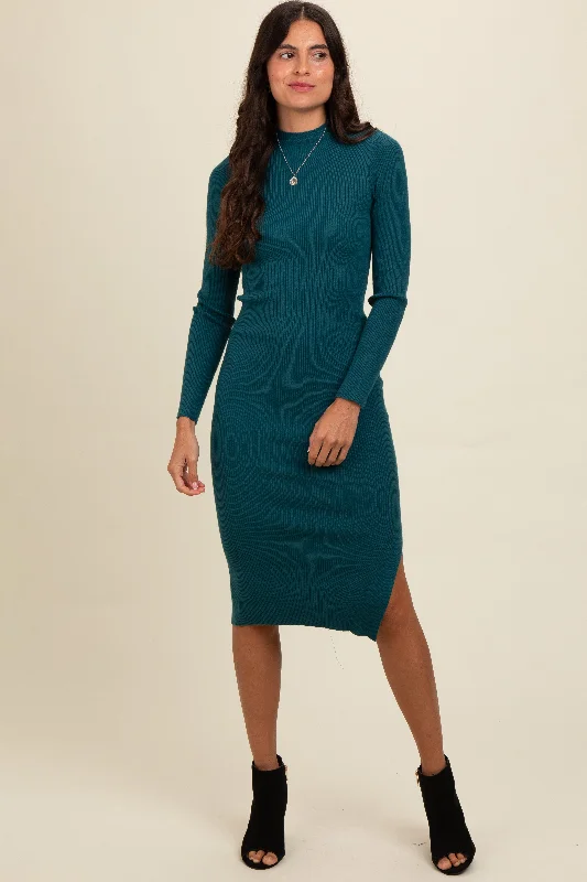 Deep Teal Ribbed Fitted Mock Neck Long Sleeve Midi Dress Stylish Color Block Midi Dress