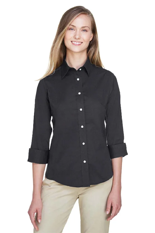 Devon & Jones Womens Perfect Fit 3/4 Sleeve Button Down Shirt - Black Casual Cotton Short Shirt