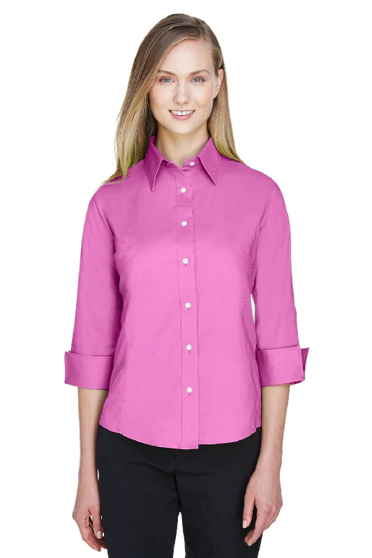 Devon & Jones Womens Perfect Fit 3/4 Sleeve Button Down Shirt - Charity Pink - Closeout Chic V-Neck Short Blouse