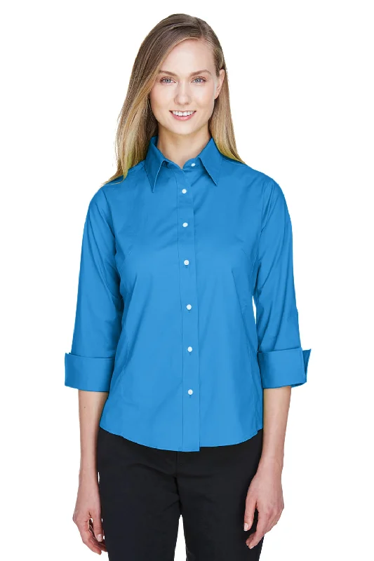 Devon & Jones Womens Perfect Fit 3/4 Sleeve Button Down Shirt - French Blue Casual Boxy Short Shirt