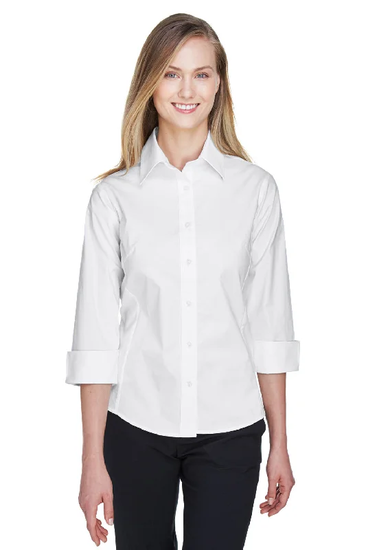 Devon & Jones Womens Perfect Fit 3/4 Sleeve Button Down Shirt - White Relaxed Fit Short Sleeve Top