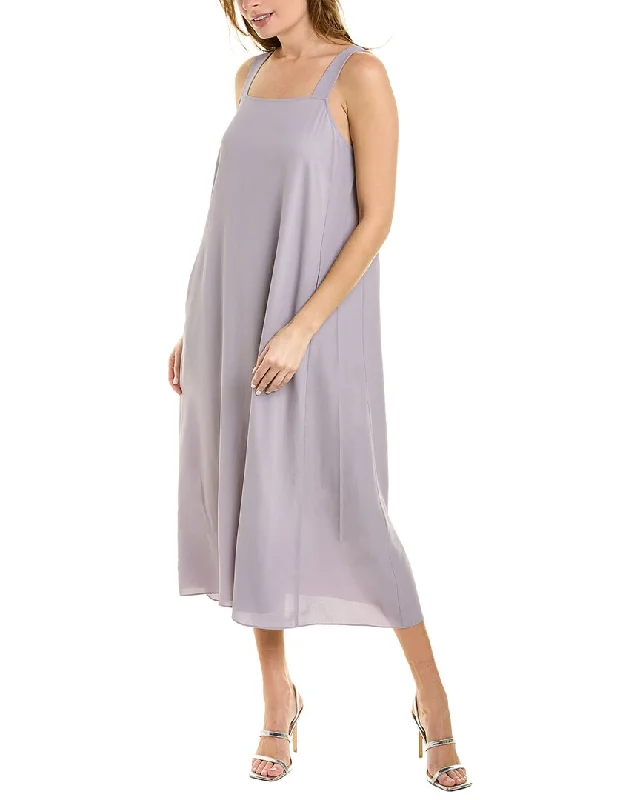 EILEEN FISHER Square Neck Silk Midi Dress Comfortable Ruched Midi Dress