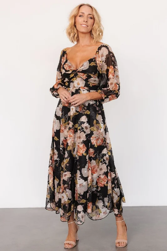 Etta Midi Dress | Black + Peach Floral Trendy Ruffled Sleeve Midi Dress