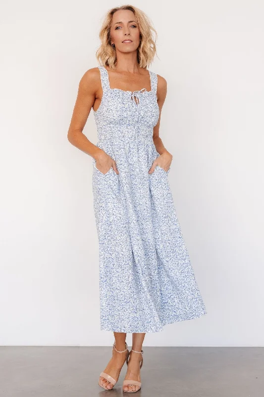 Evonne Midi Dress | Blue Floral Trendy Fit-and-Flare Midi Dress