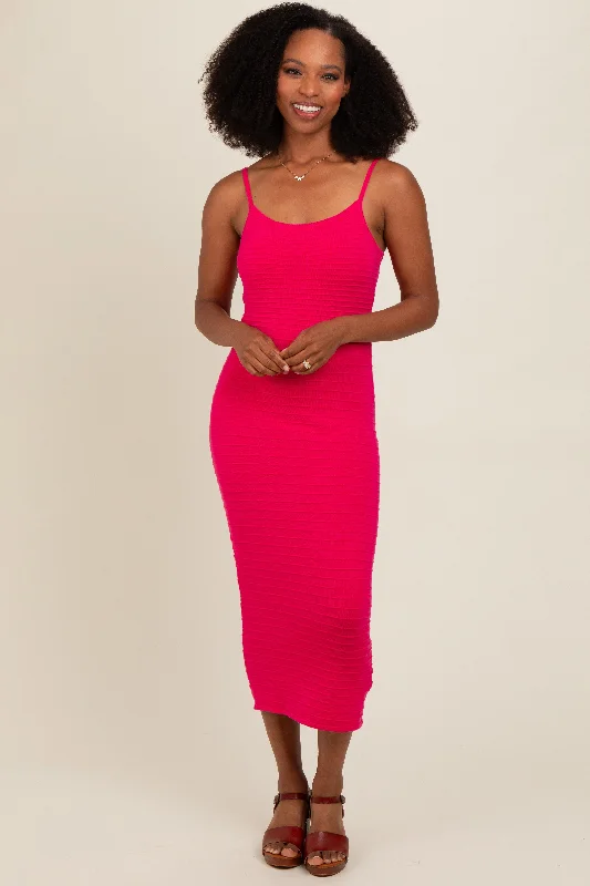 Fuchsia Fitted Spaghetti Strap Midi Dress Trendy Mock Neck Midi Dress