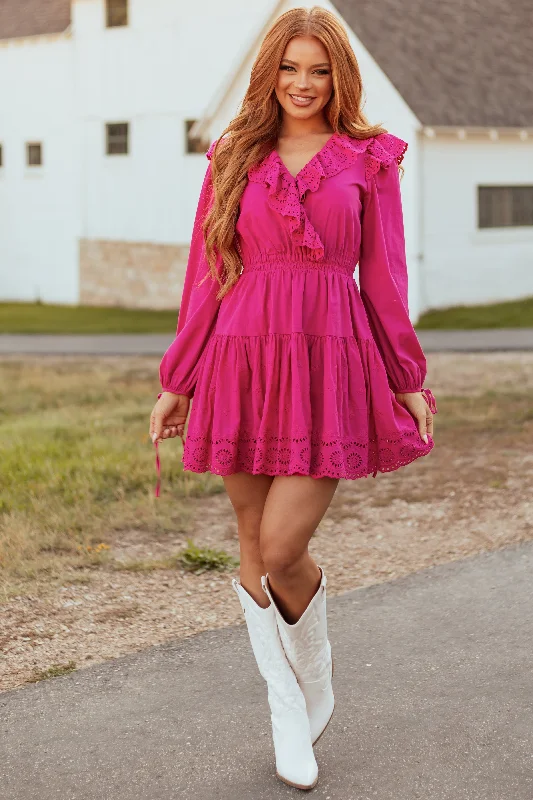 Fuchsia Long Sleeve Eyelet Detail Mini Dress Cozy Long Sleeve Mini Dress