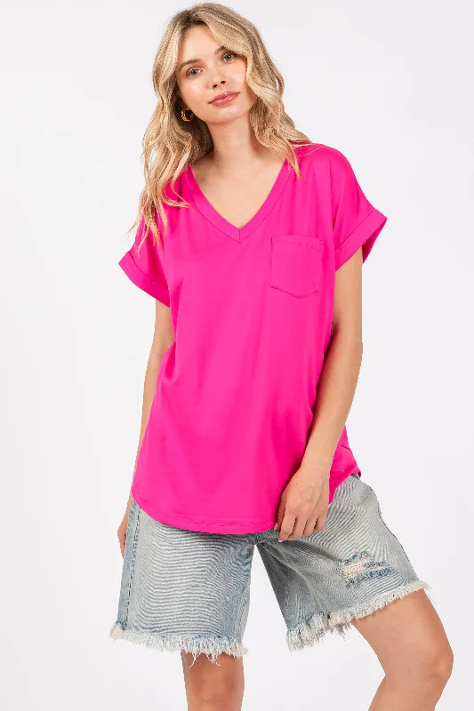 Fuchsia V-Neck Pocket Short Sleeve Shirt Fashionable Draped Short Sleeve